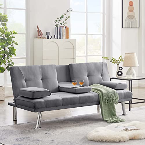 TMEOSK 66''Convertible Futon Sofa Bed, Modern Folding Linen Sleeper Couch Bed with 2 Cup Holders and Armrest, Loveseat Sofa for Living Room Apartment Office (Drak Gray)