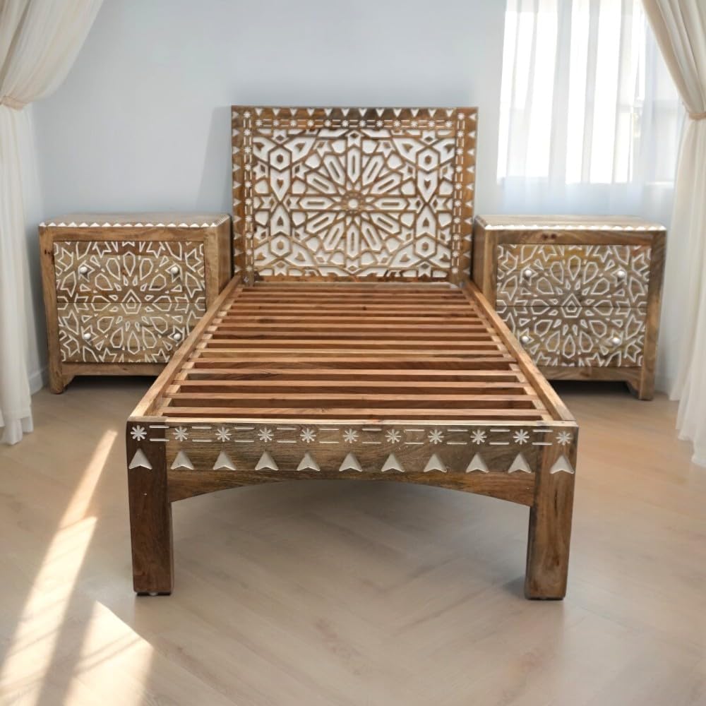 Sundara Furnishings Solid Wood Hand-Carved Twin XL Bed Frame, Boho Bedroom Style, Easy Assembly