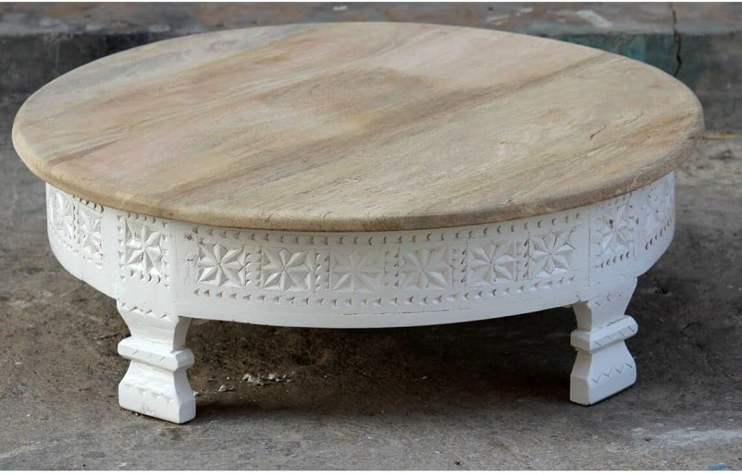 Hand Carved Handmade Wooden Round White Natural Top Coffee Table | Centre Table | Living Room Furniture | Home Decor | Solid Mango Wood | Indian Furniture | Custom Design