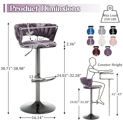 Velvet Swivel Bar Stools Set of 6, Modern Adjustable 360°Swivel Bar Height Chairs with Woven Hollow Back, Upholstered Counter Height Bar Stools with Gunmetal Base for Home Pub, Red