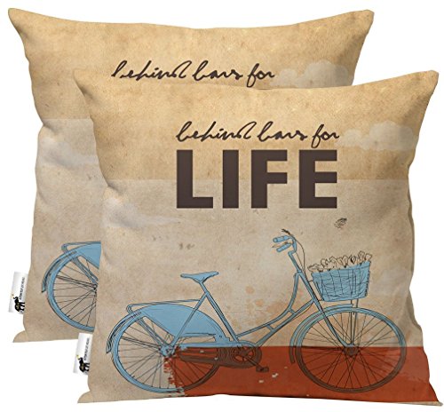 Handmade Cyclist Throw Pillow - Set of 2 - Cool Stylish Bicycle Art Furniture Pillows Tan | UBU Republic