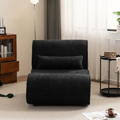 Lazy Floor Single Sofa Chair Armless Accent Soft Pellet Velvet Single Recliner Comfortable Large Lounge Chair with Waist Pack Padding with Pillow Modern Living Room Bedroom (Matte Black)