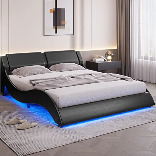 Full Size Modern Upholstered Platform Bed Frame with LED Lights Wave Like Smart Led Bed Frame with Headboard Full Low Profile Platform bed frame,Faux Leather,Easy Assemble,Strong Wood Slats,Black