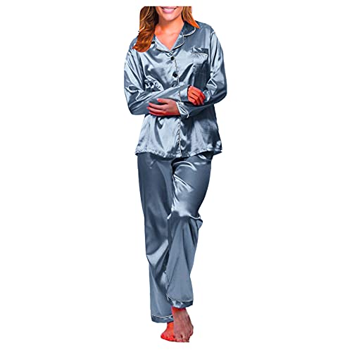 Women's Pajama Sets Silk Satin Pajamas Loungewear Two-piece Sleepwear Button-Down Long Sleeve Pajamas with Pockets