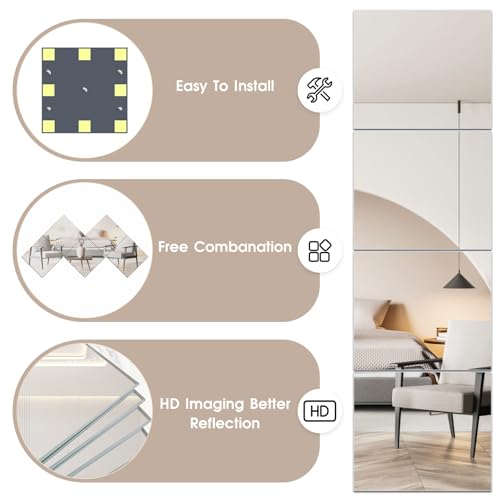 Home Gym Mirror, 8Pcs 12'' × 10'' HD Glass Wall Mirror for Gym, Frameless Full Length Self Adhesive Wall Mirror Tiles for Gym, Wall Decor, Bedroom, Living Room, Over The Door