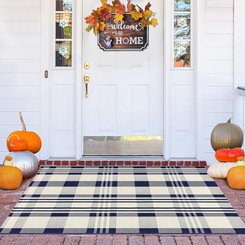 Buffalo Plaid Rug 6x9 Cotton Woven Rug Navy and Off White Checkered Rug Buffalo Check Rug Home Decor Washable Indoor Outdoor Area Rug for Living Room Bedroom Dining Room Patio Farmhouse Carpet