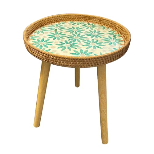 Round End/Side Tables for Living Room, Bedrooms, Pedestal Plant Stand for Balcony, Handmade Rattan Tray with 3 Legs, Mother of Pearls Inlay Coffee/Accent Table (Bohemia)