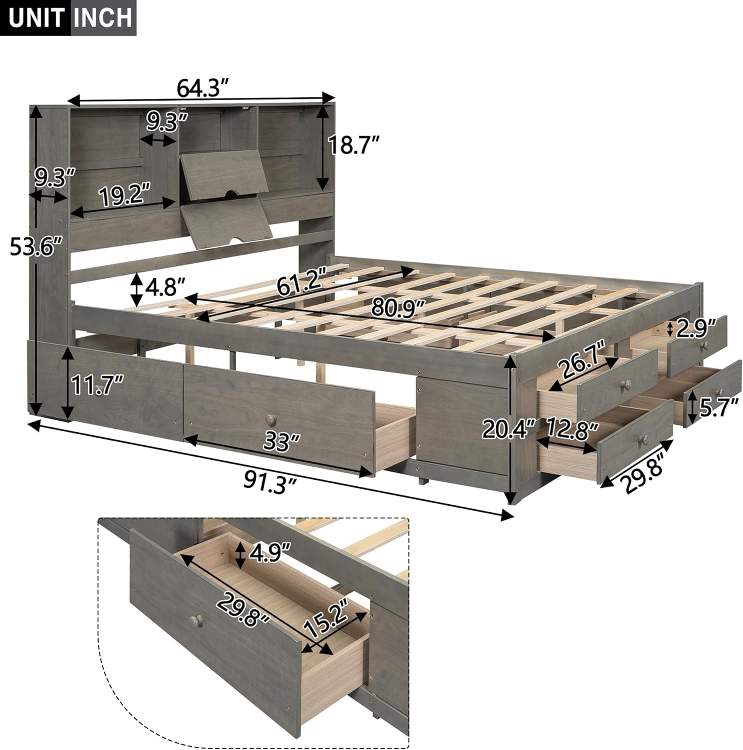Queen Size Platform Bed with Storage Headboard and 8 Drawers, Gray 91.3X 64.3X 53.6 inch (LxWxH)
