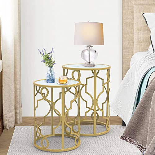 RiteSune Gold Round Side Table Marble Top Set of 2, Mid Century Modern Circle End Tables Accent Table for Small Space, Living Room, Bedroom, Foyer, Entryway - Assemble Already