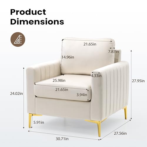 Mid Century Accent Chair Modern Velvet Living Room Accent Chair Comfy Upholstered Arm Chair for Bedroom Studio Study Office Lounge (Beige)
