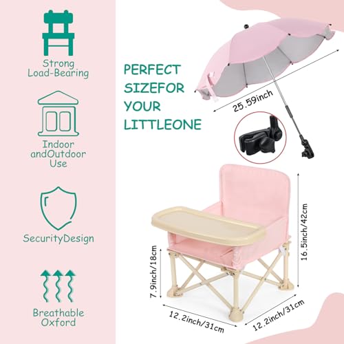 Outdoor Beach Chair with Umbrella Travel Booster Seat with Tray Compact Folding Chair Portable Booster Chair with Storage Bag, Backrest Pocket for Dining Table, Camping (Baby Pink)