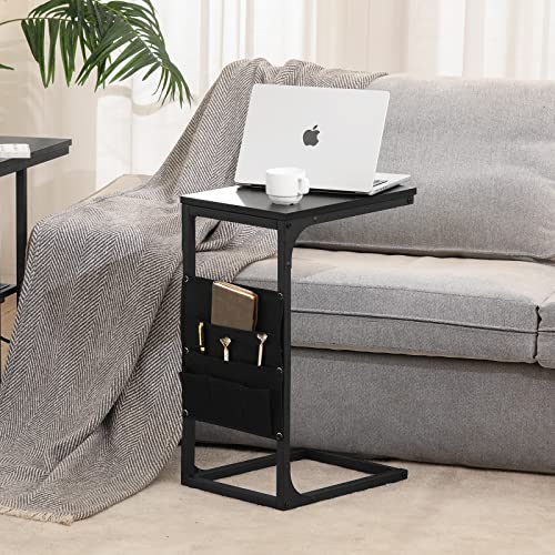 Vagusicc C Shaped End Table, TV Trays Table Couch Sofa Table with Storage Bag, Under Couch Sofa Side table, TV Tray Table Slide Under Sofa Couch, TV Dinner Table C Table for Living Room Bedroom, White