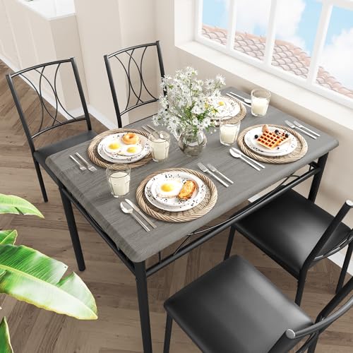 Kitchen Table and Chairs for 4, Dining Table Set for 4, Rectangular Dining Room Table Set with 4 Upholstered Chairs, 5 Piece Kitchen Table Set for Small Space, Apartment, Rustic Gray