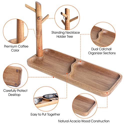 Walnut Wood Key Tray for Entryway Table, Jewelry Tray, Catchall Tray with 3 Stand Hanging Organizer, for Rings, Phone, Bracelets Watches