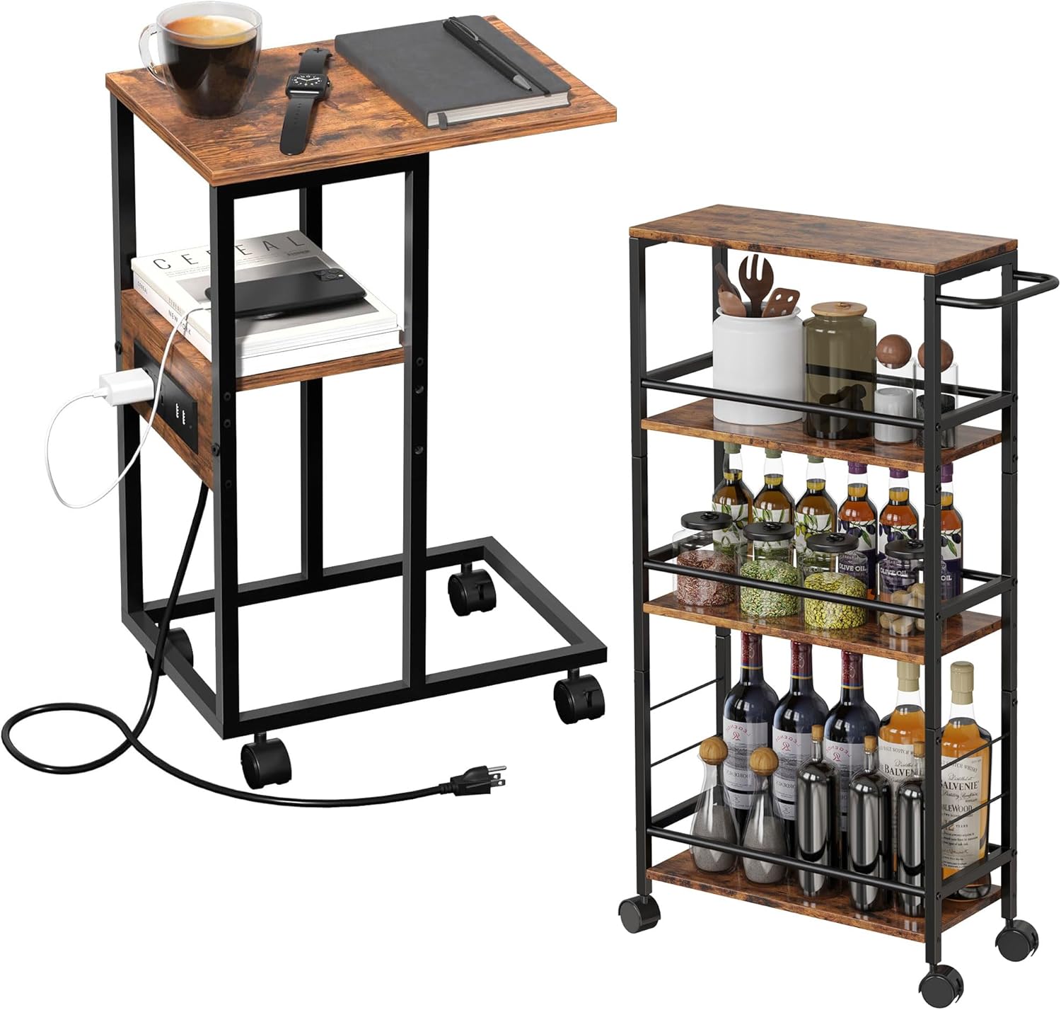 C Shaped End Table with Charging Station & 4-Tier Slim Storage Rolling Cart