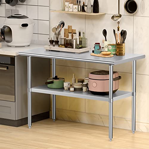 Stainless Steel Table for Prep & Work 48 x 24 Inches, NSF Metal Commercial Heavy Duty Table with Adjustable Under Shelf and Foot for Restaurant, Home and Hotel (24x48in)