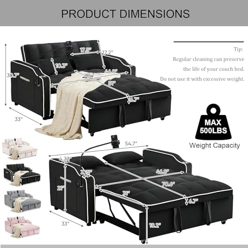 3 in 1 Sleeper Sofa Couch Bed, Velvet Convertible Loveseat Sleeper Sofa with USB Port and Ashtray and Swivel Phone Stand, Storage Pockets, Pull Out Loveseat Sleeper for Living Room, Grey