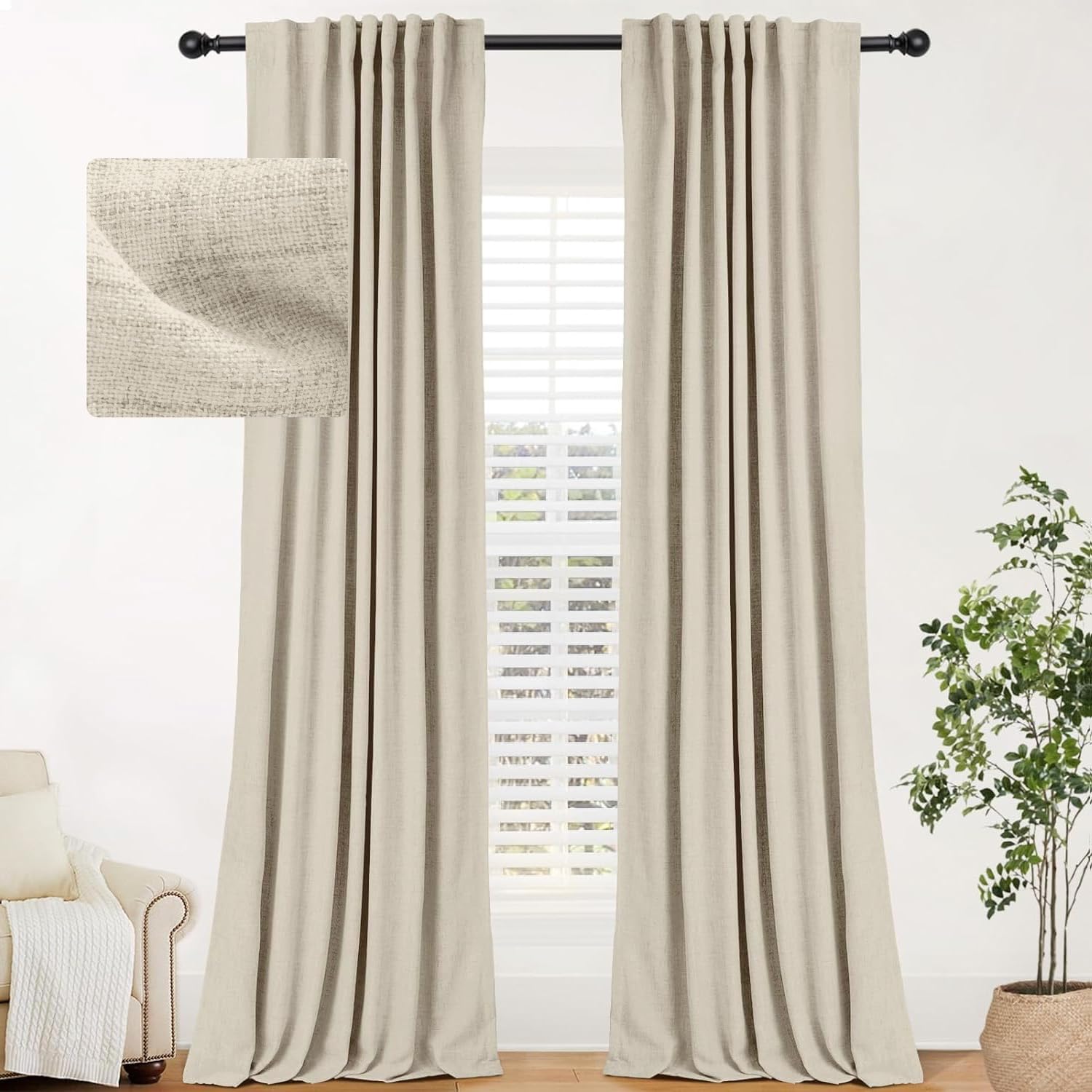INOVADAY 100% Blackout Curtains for Bedroom 84 Inches Long 2 Panels Set, Back Tab/Rod Pocket Faux Linen Blackout Curtains, Thermal Insulated Darkening Drapes for Living Room, 52''W x 84''L, Natural