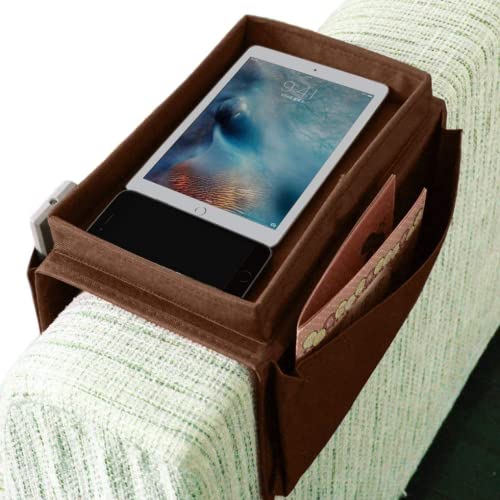 Sofa Armrest Organizer, Couch TV Remote Storage Organizer with Pockets for Recliner Armchair Snacks Glasses Smartphone Magazines Pouch (Grey)