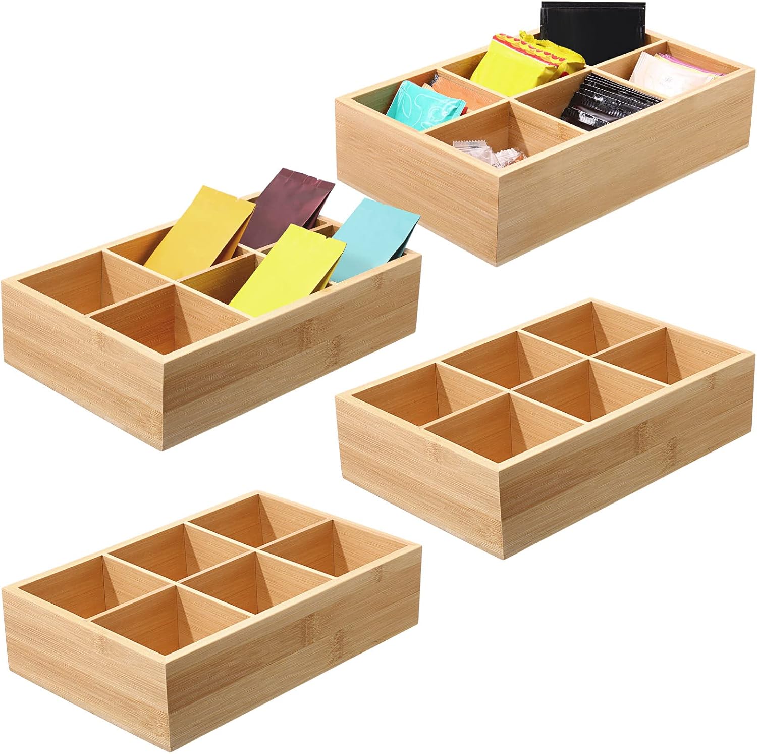 4 Pcs Bamboo Divided Storage Organizer Bamboo Container with 6 Compartments Wood Food Storage Bin Wooden Tea Drawer Box Bamboo Pantry Bin Wooden Holder Case for Snacks Tea Bags Coffee Sugar