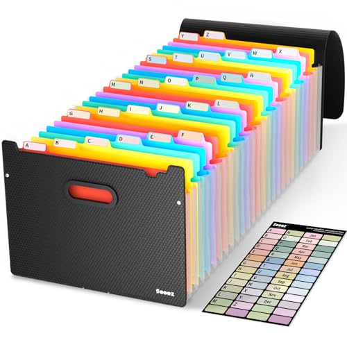 Sooez 26-Pocket Accordion File Organizer with Unobstructed A-Z Tabs, Premium Expanding File Folder, Tax Receipt Document Organizer Storage for Letter/A4 Size Paper, School Office & Home Supplies