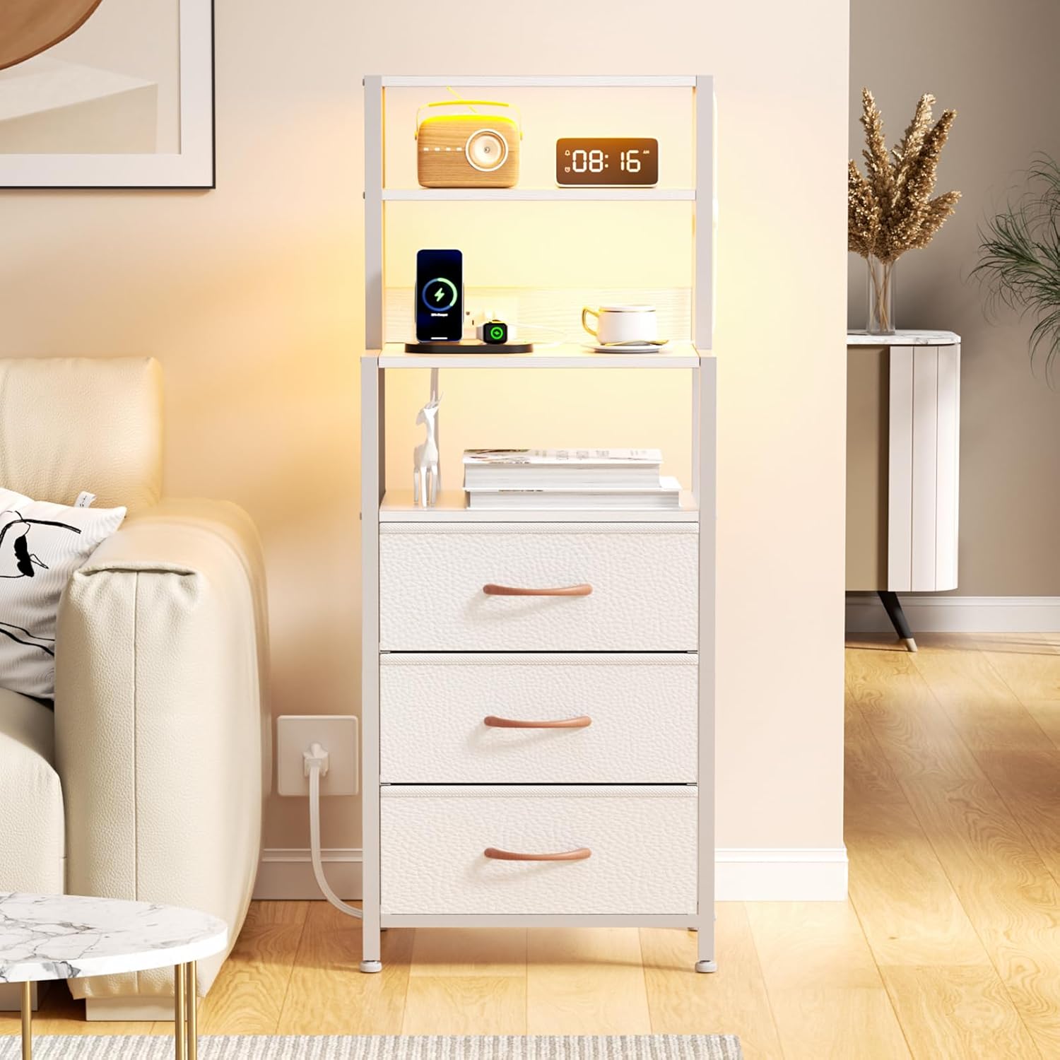 Furnulem Tall Nightstand with 4-Tier Shelves, Vertical Storage Tower Fabric Dresser for Bedroom, Nightstand Bedside Table Furniture, Sturdy Steel Frame, Wood Top