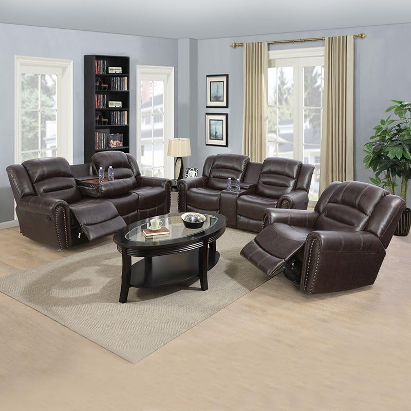 Living Room Furniture Sets, 3 Pieces Manual Sectional Recliner Include Three Seater Sleeper Sofa/Loveseat/Armchair, Leather Couch with Drop Down Table & 2 Cup Holder, Home Theater Seating