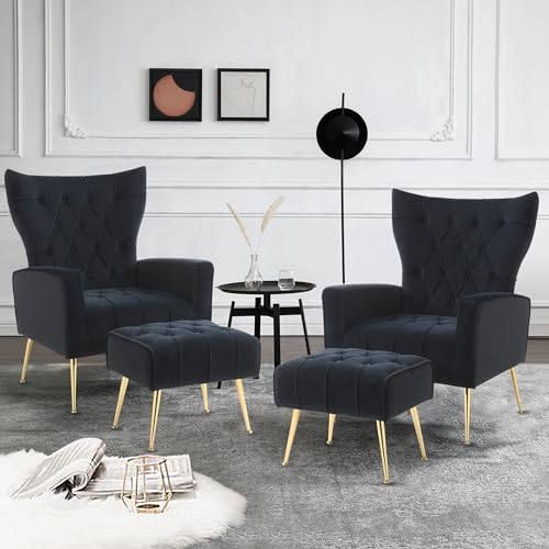 Accent Chairs Set of 2 for Living Room,Modern Velvet Wingback Chair with Golden Metal Leg,Comfy Upholstered Single Sofa Chair for Bedroom,Reading Room (Rose,Set of 2)