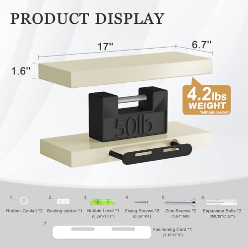 Premium Black Glossy Finish Floating Shelves for Wall, 17'', Bright Solid Wood Floating Shelves, Sleek Wall Shelf Set with Strong Hidden Brackets for Contemporary Home Decor, Heavy Duty, Set of 2