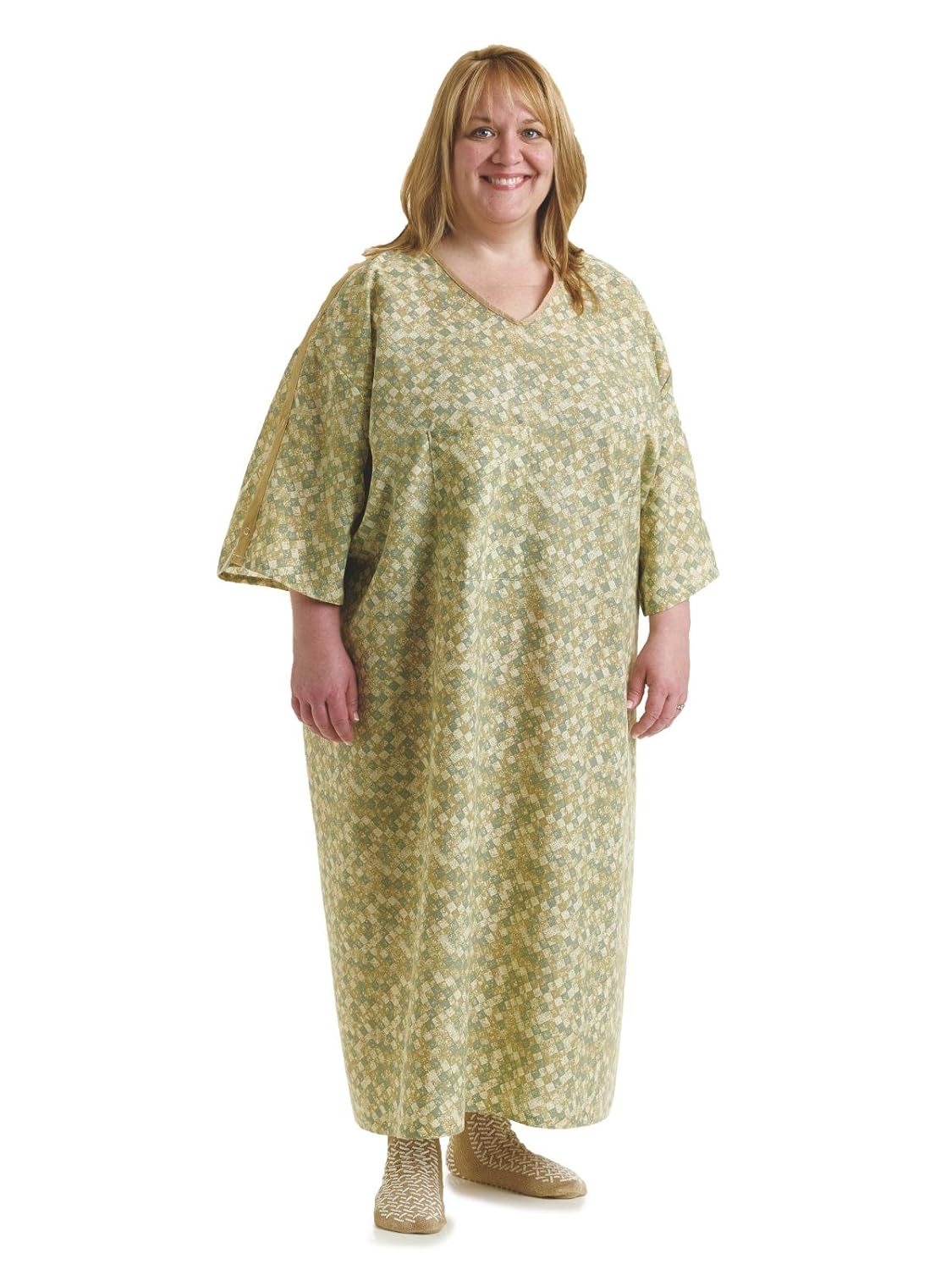 Medline PerforMAX IV Patient Gown with Metal Snap Detail, Comfortable and Durable Hospital Wear, Size 3X-Large, Royale Print, Sage and Beige - Pack of 12