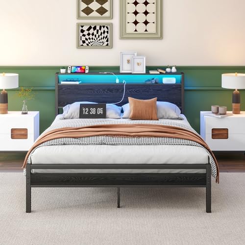 BOFENG Metal Bed Frame Twin Size,Black Wood Storage Headboard with Charging Station/LED Lights,Heavy Duty Metal Platform Bed Frames No Box Spring Needed,Strong Steel Slat Support