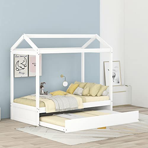 Harper & Bright Designs Full House Bed with Twin Size Trundle and 3 Storage Drawers, Full Captain's Bed Storage Full Bed, Wooden Full Daybed Frame for Kids Teens, Adults (Full, White)