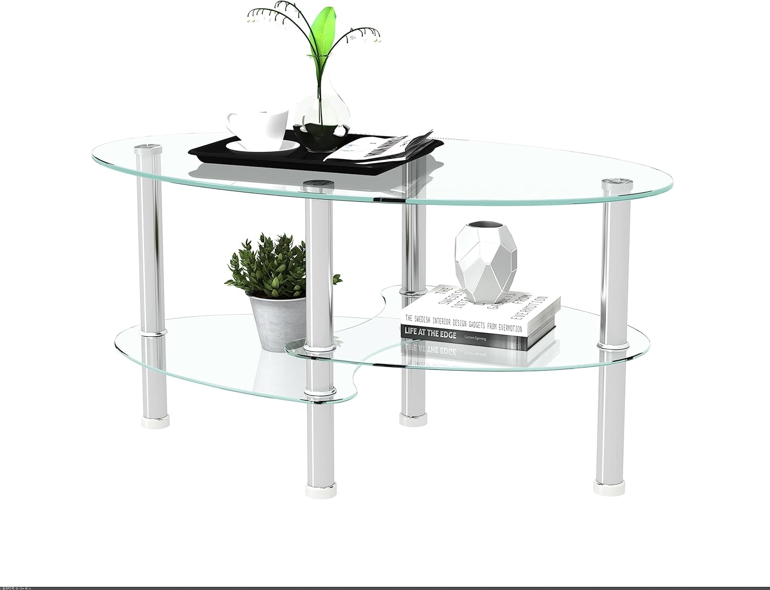 Transparent Oval Glass Coffee Table Modern Table with Stainless Steel Leg Tea Table