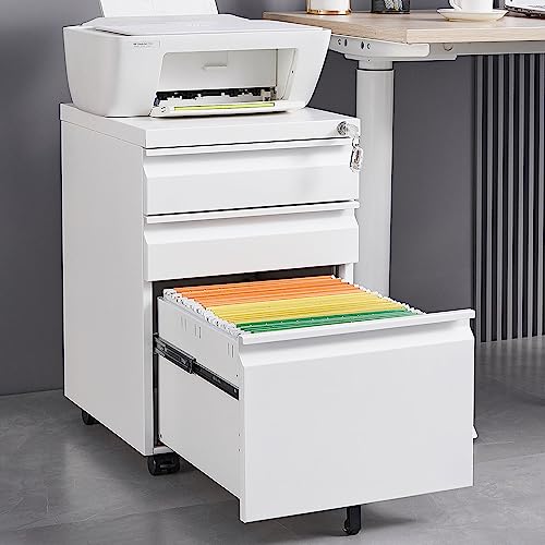 3-Drawer Mobile File Cabinet with Lock, Office Storage Filing Cabinet for Legal/Letter Size, Pre-Assembled Metal File Under Desk Metal Filing Cabinets (White Gray)