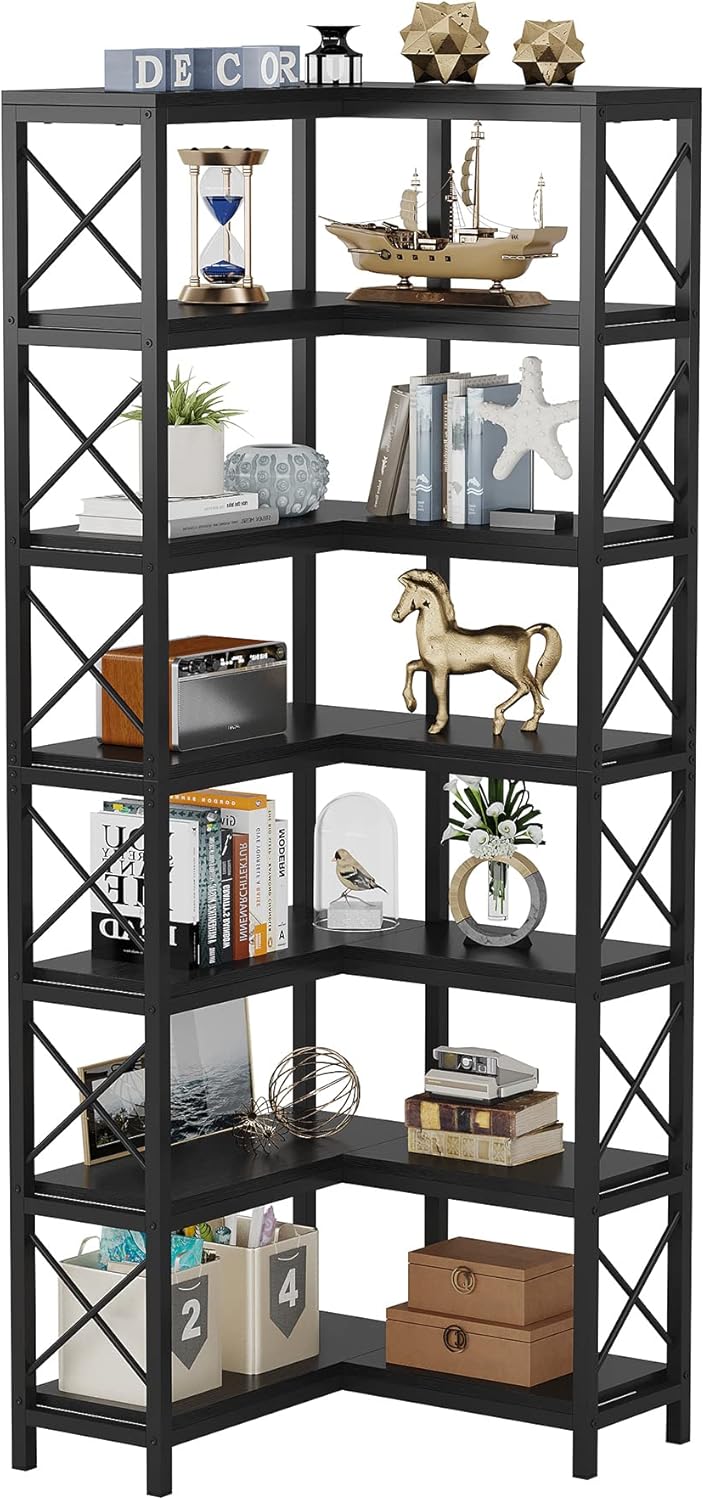 7-Shelf Corner Bookshelf Modern Corner Bookcase Corner Shelf for Living Room Home Office, Black