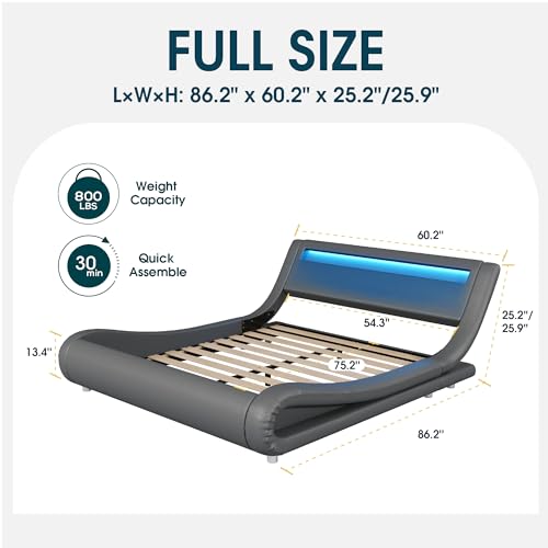 WEEWAY Modern Queen bed frame with RGBW LED Lights Headboard, Low Profile Upholstered Platform Sleigh Design, Strong Wood Slats Support, No Box Spring Needed, Black + White