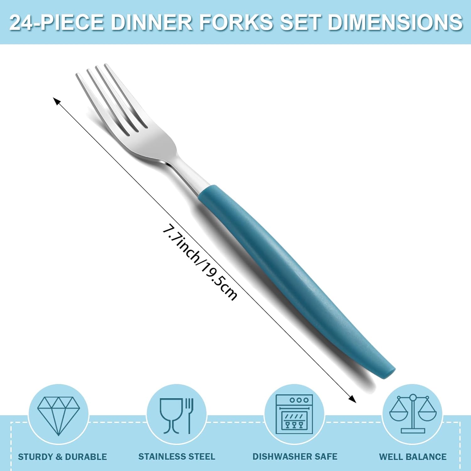 BEWOS 24-Piece Dinner Forks Set, Food-Grade Stainless Steel Forks Silverware, 7.7-Inch Metal Forks Bulk, Dishwasher Safe, Mirror Polished, Blue Plastic Handle Fork for Home, Restaurant