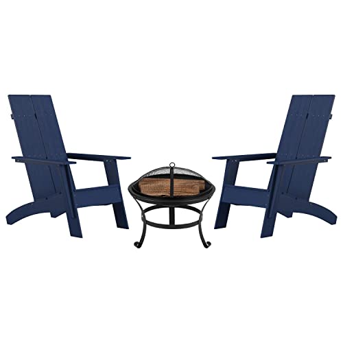 Flash Furniture Finn Modern Adirondack Rocking Chairs All-Weather Poly Resin Wood-22 Round Fire Pit Includes Spark Screen, Rack, & Poker, 2 Pack, White