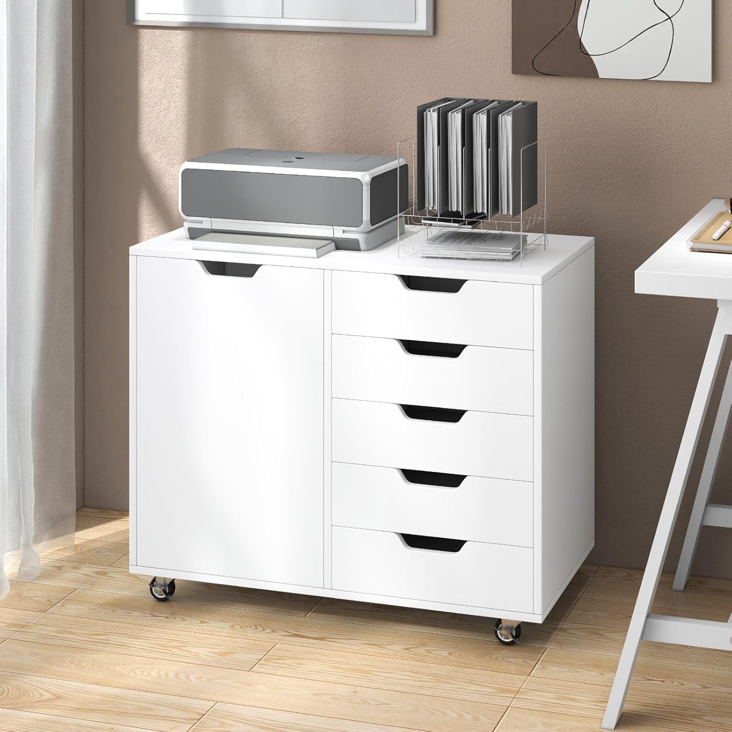 Modern File Cabinet, White Lateral Filing Cabinet 5 Drawer with Universal Wheels, Wood Printer Stand with Storage, Rolling File Cabinets for Home Office, Living Dining Room, Bedroom, Kitchen