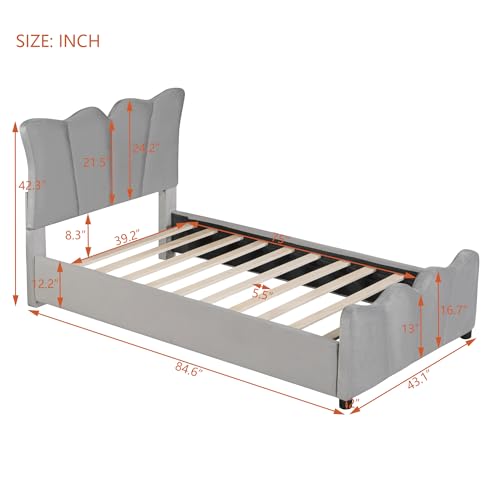 Full Size Bed Frame Platform Bed Velvet Bed Frames Fabric Upholstered Headboard and Wooden Slats Support for Bedroom Girls, Boys Bed Frame, No Box Spring Needed, Non-Slip - Gray Bed Frame