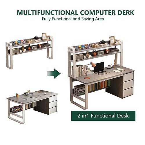 Home Office Desk with Bookshelf and 3 Drawers PC Study Writing Desk Student Writing Study Table Modern Simple Computer Desk/Workstation(39 Inch, White)