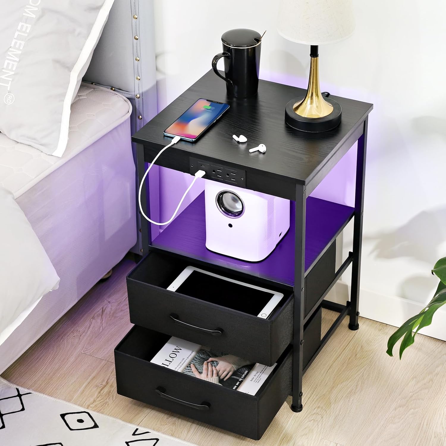 Nightstand Set of 2, Black Night Stand with Charging Station
