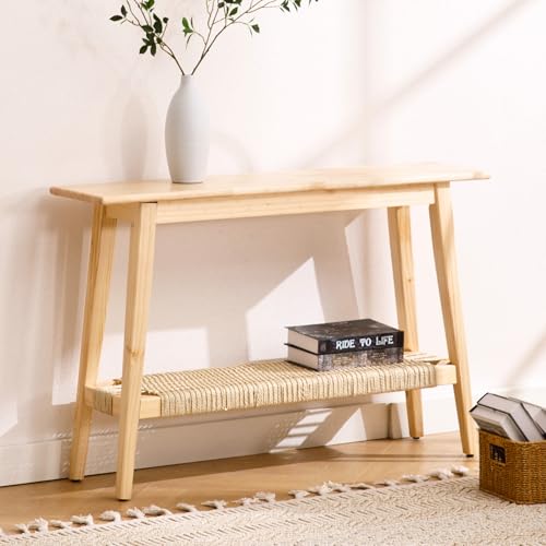 Black Entryway Table with Rattan Storage Shelf 46
