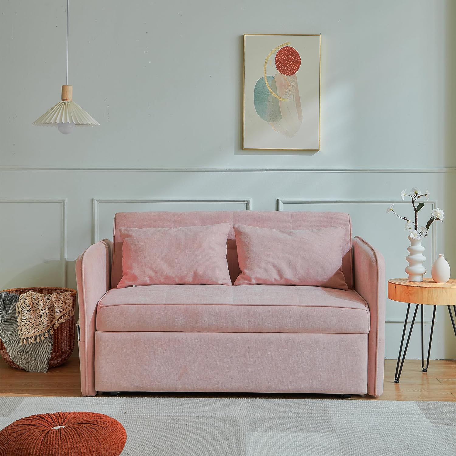 Chenille Fabric Pull-Out Sofa Bed – Pink Sleeper Loveseat Couch with Adjustable Armrests