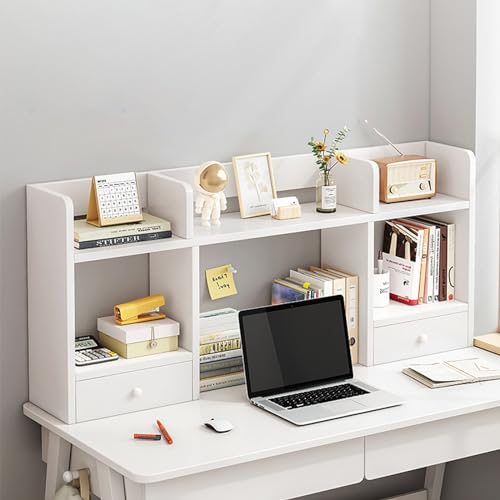 Desk Top Shelf Stand, Countertop Hutch Bookshelf, Desktop Bookshelf for Computer Desk, High MDF Board, Freestanding Bookcase with 2 Door, for Home Office Dorm Furniture Topper Shelf