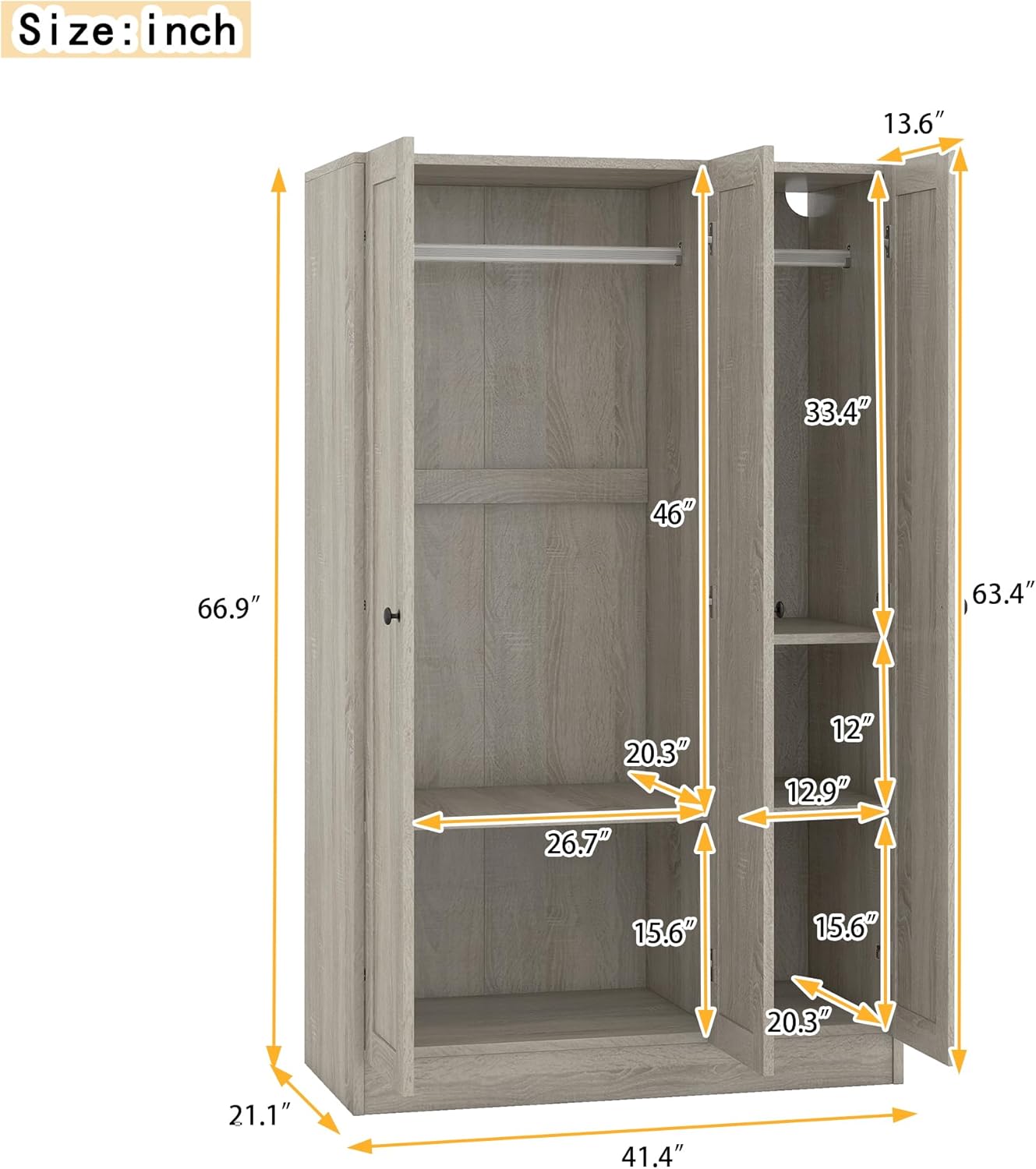 Stylish 3-Door Wardrobe with Shelving and Hanging Rod – Spacious Freestanding Bedroom Armoire Organizer, Gray