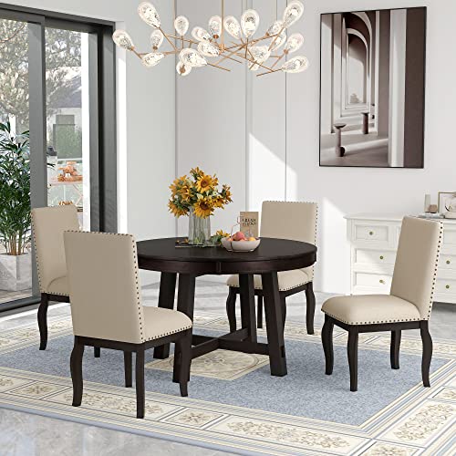 Round Dining Table for 4-6, 1 Extendable Table (42