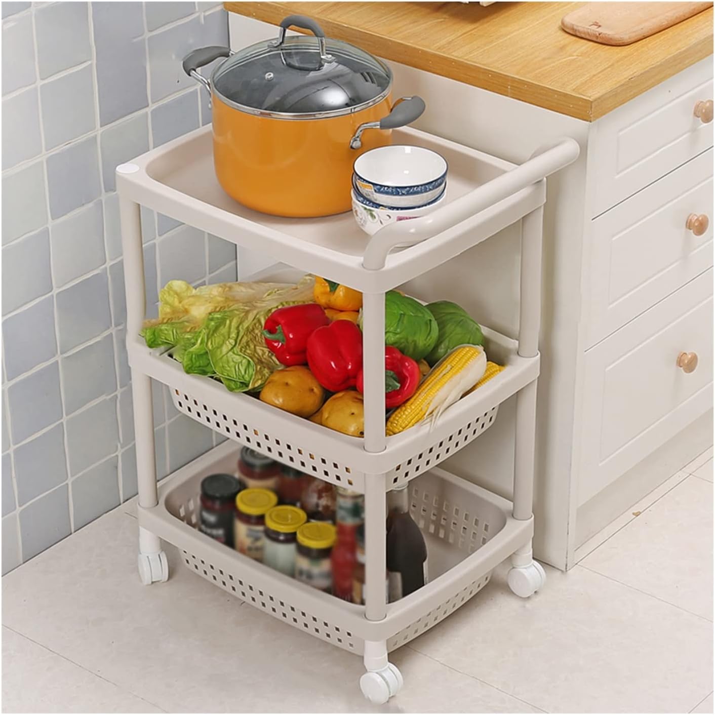 Kitchen Storage Rack Kitchen Rack Floor-to-Ceiling Trolley Multi-Layer Vegetable Basket and Fruit Storage Basket Locker with Wheeled Mobile Trolley Storage Shelves (Color : 4 Layers) (3 Layers)