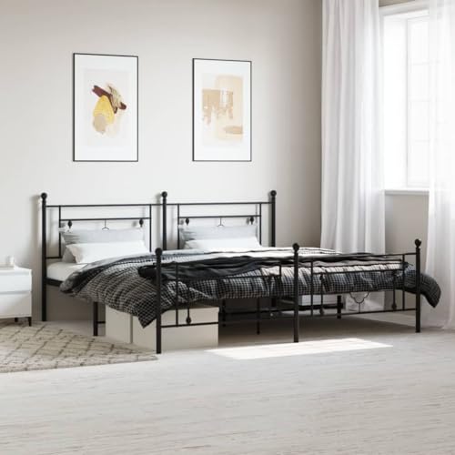 vidaXL Metal Bed Frame with Headboard and Mattress Foundation, Black Steel Bed Frame with Extra Under-Bed Storage Space and Center Legs Support - Black Double Bed