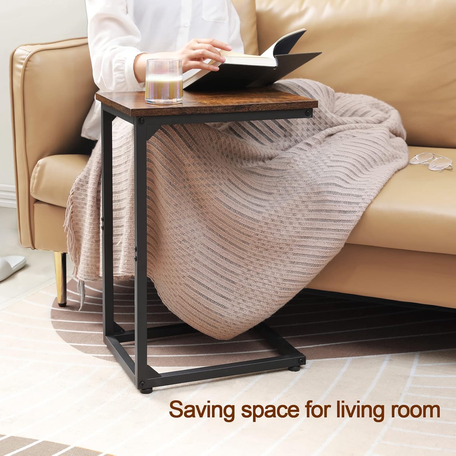 Nightstands Set of 2 with Charging Station,C Shaped End Table